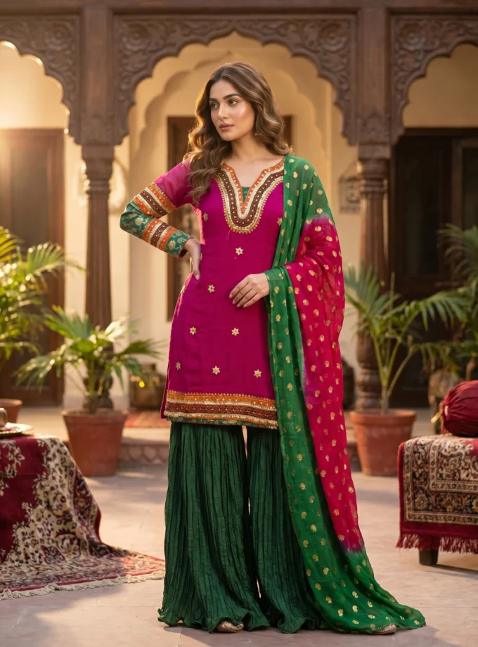 3 PIECE - CRINKLE CHIFFON LUXURY PRET WITH GOTTA WORK SHARARA & TIE DYE DUPATTA (With Sharara)