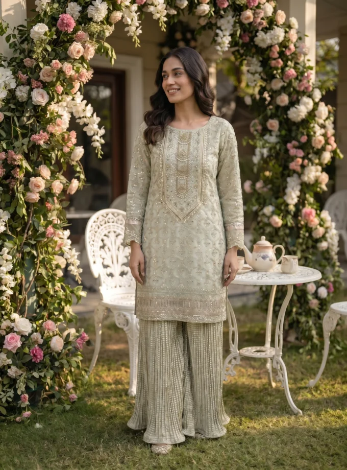 3 PIECE - MINT GREEN ORGANZA SHIRT WITH MEDIUM SILK CRUSHED SHARARA & ORGANZA DUPATTA