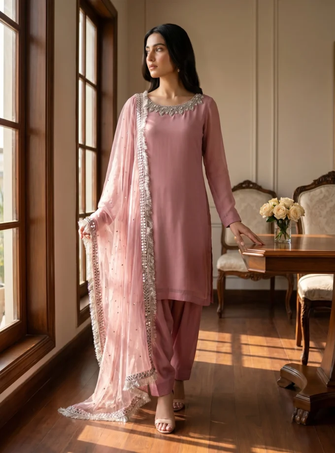 3 PIECE - CRINKLE CHIFFON SHORT SHIRT WITH FARSHI SHALWAR & TULLE NET DUPATTA