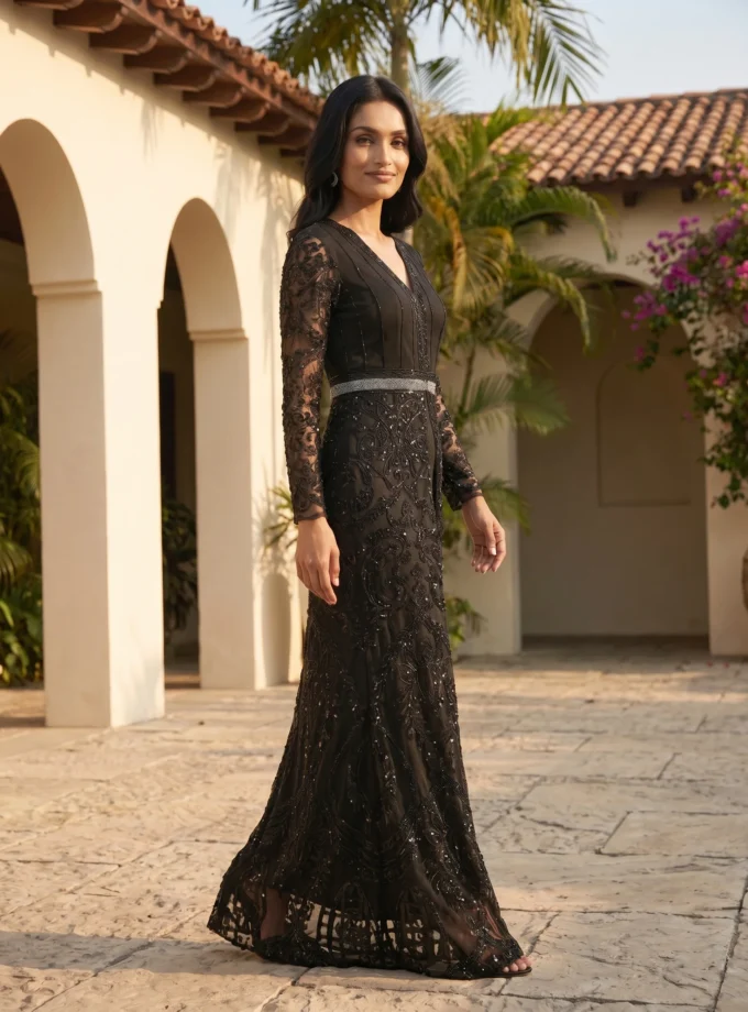 LONG DRESS WITH SLITS – HANDMADE WORK ON NET WITH CRINKLE CHIFFON BODY