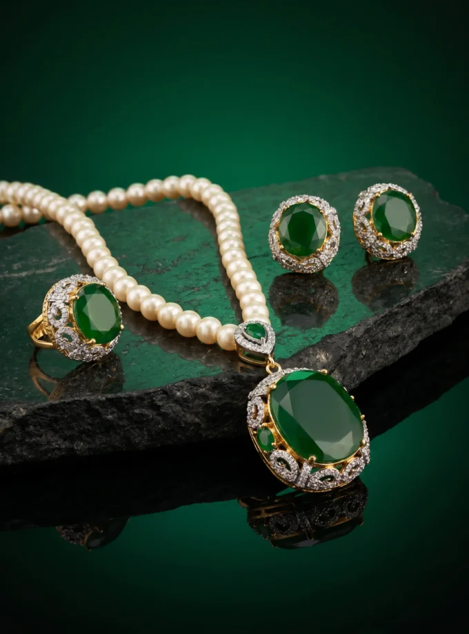 EMERALD PEARL PENDANT SET | GOLD GREEN